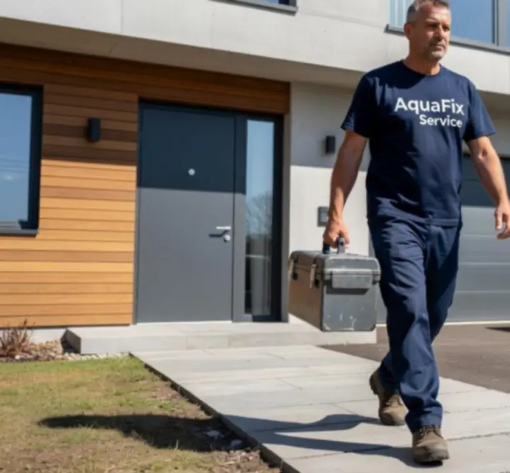 WAFFLE ADVERTISING LTD szerelő helyszínre érkezik egy vészhelyzeti vízvezeték-javításhoz